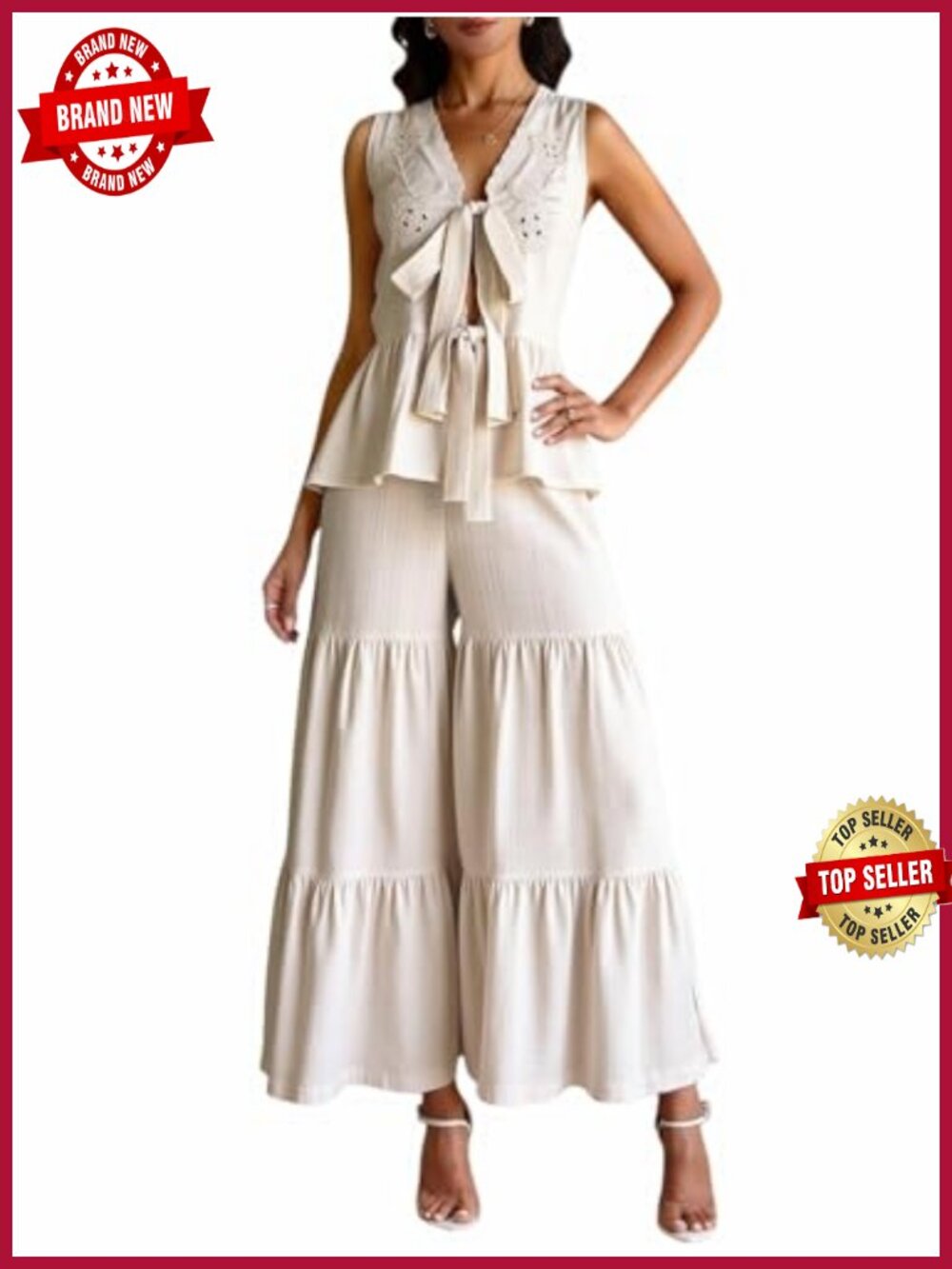2 Piece Vacation Outfits Embroidery Tie Front Peplum Top Ruffle Pants Set